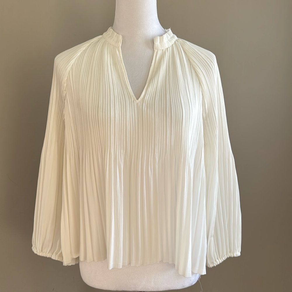 Steven Alan White Pleated V-Neck Puffy Long Sleeve Casual Top Blouse Size L